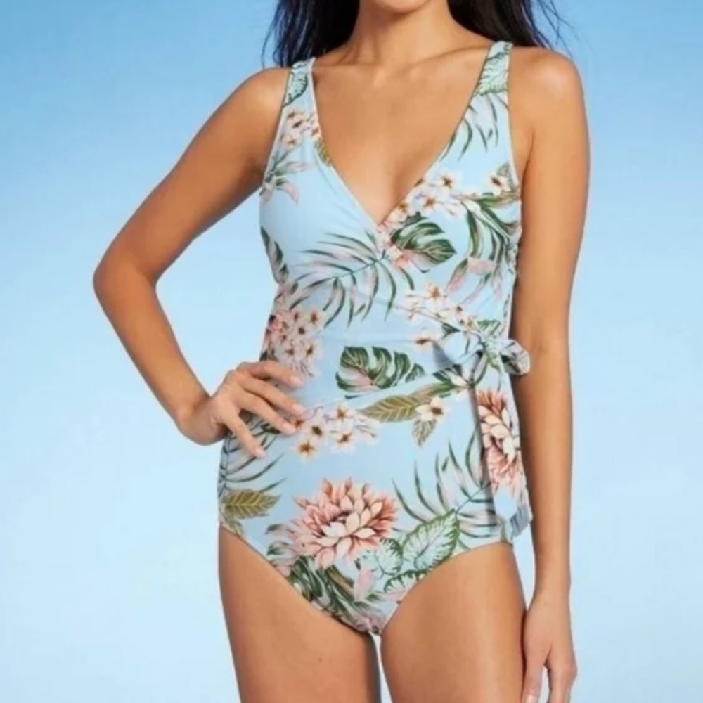 Kona Sol Tropical Floral Wrap One Piece Swim Bathing Suit Blue Small